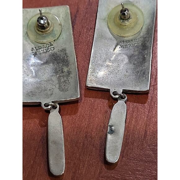 Vintage Silver Alpaca Mexico Dangle Earrings Abalone Inlay Rectangle - Picture 9 of 11